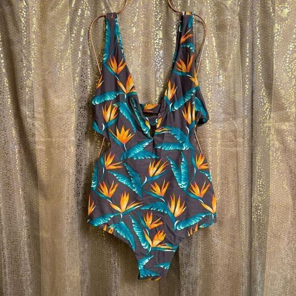 Tori Praver Tropical Gray Bird Of Paradise Cutout Back One Piece Swimsuit XL - Picture 1 of 8